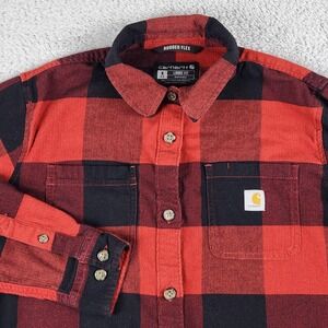Carhartt Shirt Womens Small Red Black Plaid Rugged Flex Flannel Loose Fit Work